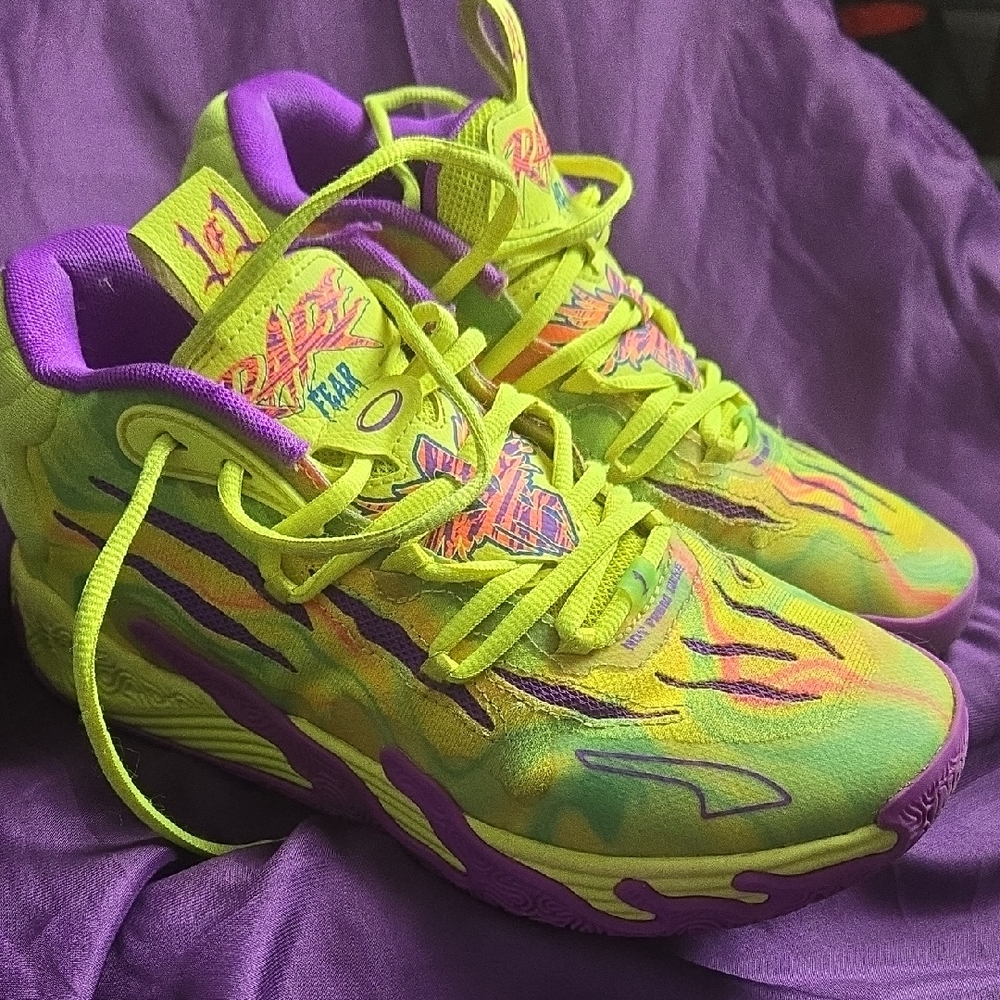 Puma Big Kids Melo Neon Yellow and Purple Graphic Basketball Sneakers